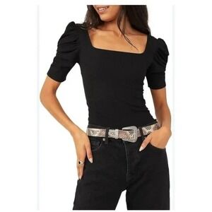 NEW We The Free People Womens Night Lily Puff Shoulder Ribbed Top Size M Medium